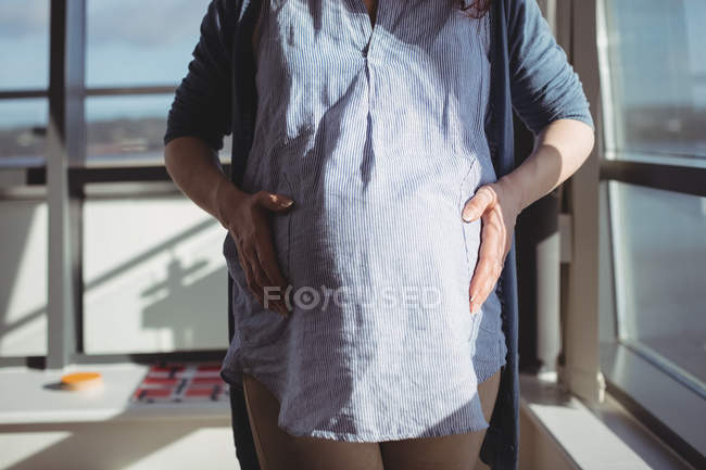 Sección media de la mujer embarazada de pie cerca de la ventana en la sala de estar en casa - foto de stock