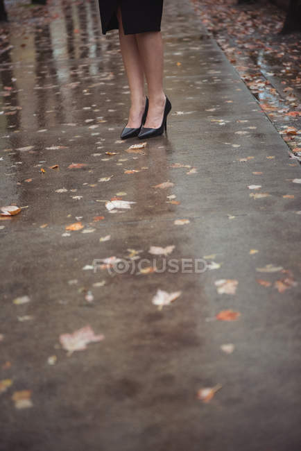 Ноги в стильному взутті бізнес-леді на мокрій пішохідній доріжці — стокове фото