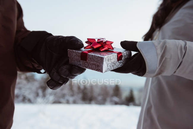 Metà sezione di coppia dando regalo sul paesaggio innevato — Foto stock