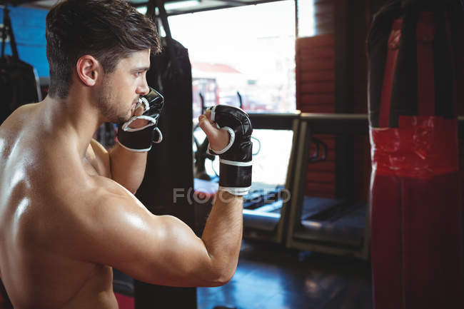 Boxeador realizando postura de boxeo en gimnasio - foto de stock