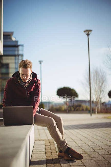 Executivo masculino usando laptop no quintal no escritório premissa — Fotografia de Stock