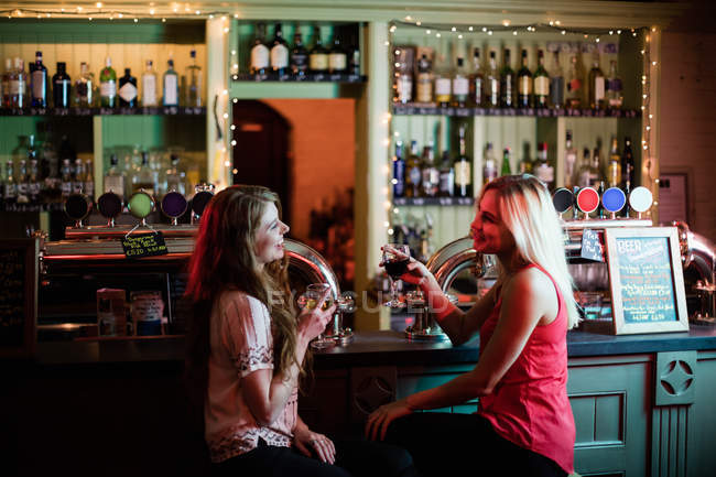 Mujeres interactuando mientras toman una copa de vino en el mostrador en el bar - foto de stock