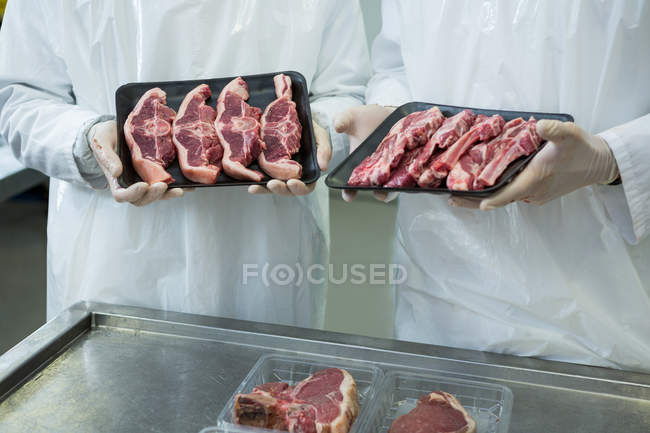 Milieu des bouchers détenant des plateaux à viande à l'usine de viande — Photo de stock