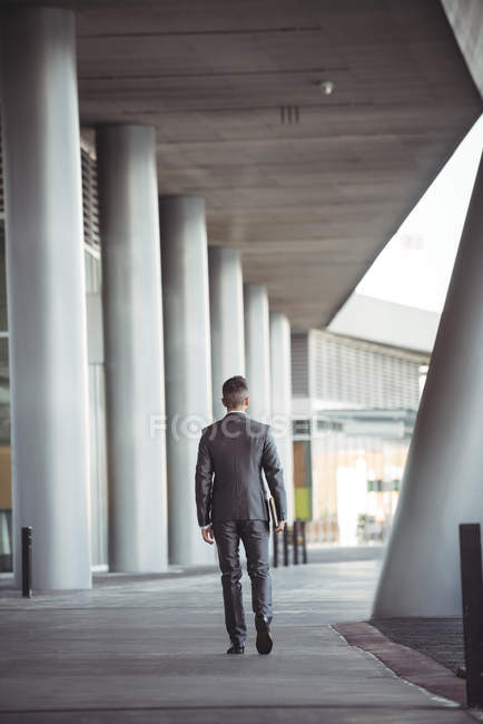 Rückansicht eines Geschäftsmannes mit Tagebuch, der in der Nähe eines Bürogebäudes spaziert — Stockfoto