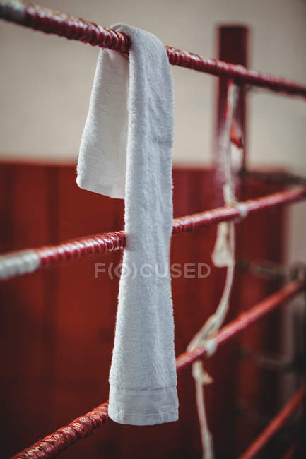 Towel on boxing ring at fitness studio — Stock Photo