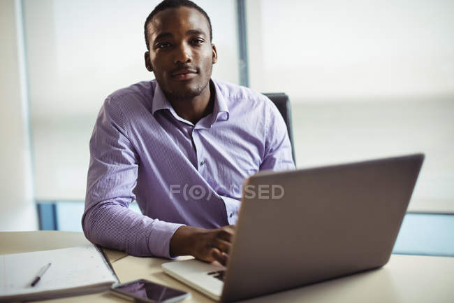 Retrato del ejecutivo de negocios utilizando el ordenador portátil en la oficina - foto de stock