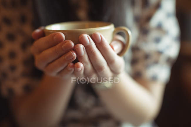 Sección media de la mujer sosteniendo una taza de café en la cafetería - foto de stock