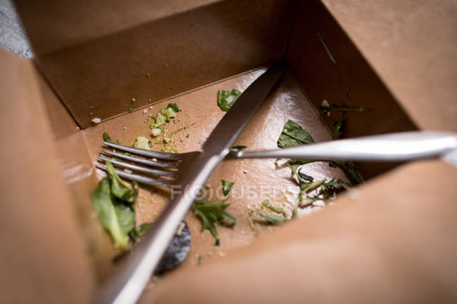 Остатки салата в коробке для еды в кафе — стоковое фото
