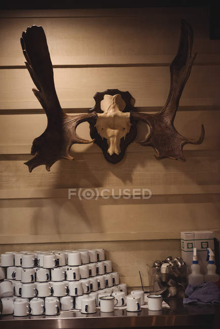 Tassen auf Theke gegen dekorative Wand gestellt — Stockfoto