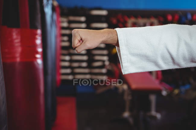 Hand of karate player performing karate stance in fitness studio — Stock Photo