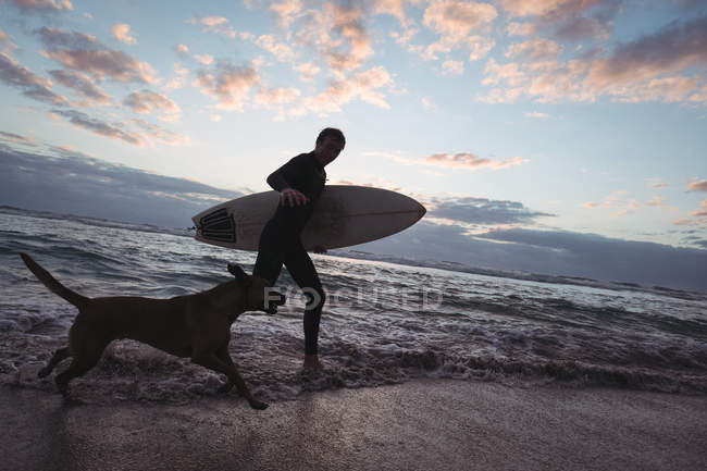 Мужчина с доской для серфинга бегает по пляжу со своей собакой в сумерках — стоковое фото