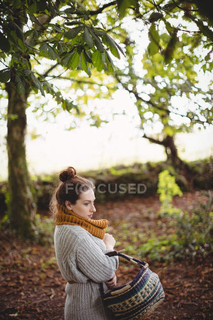 Beautiful woman with basket walking in green field — Stock Photo