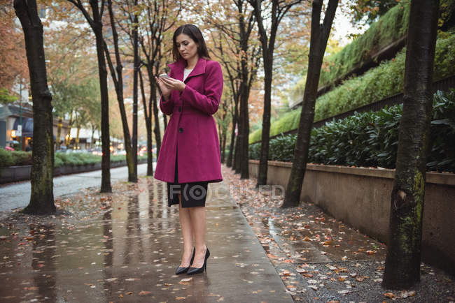 Бізнес-леді, використовуючи телефон, що стоїть на шляху — стокове фото