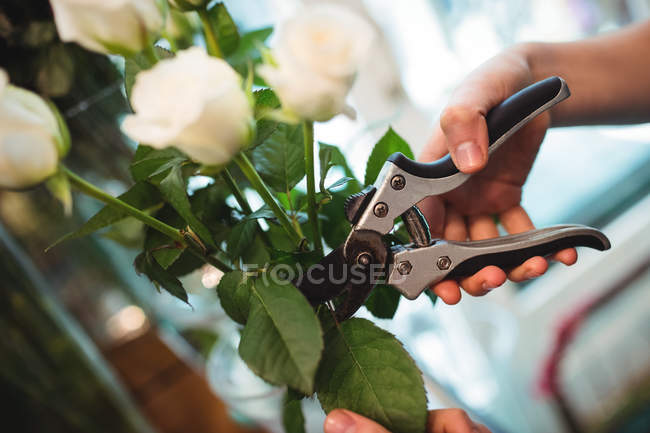 Imagem cortada de florista feminino aparando folhas de flores em sua loja de flores — Fotografia de Stock