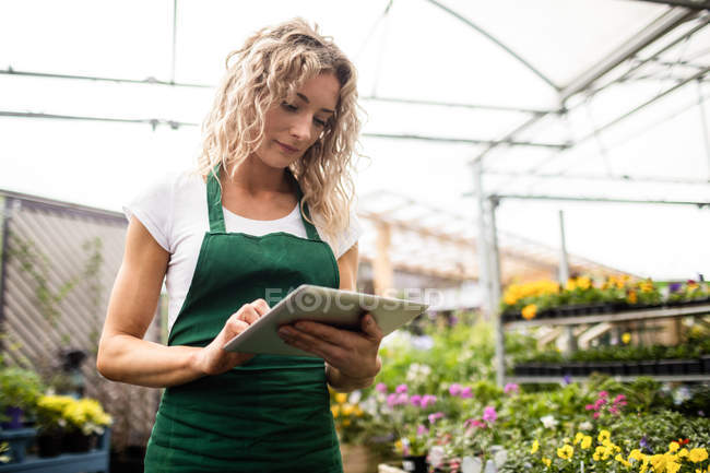 Жіночий флорист, використовуючи цифровий планшет в садовому центрі — стокове фото