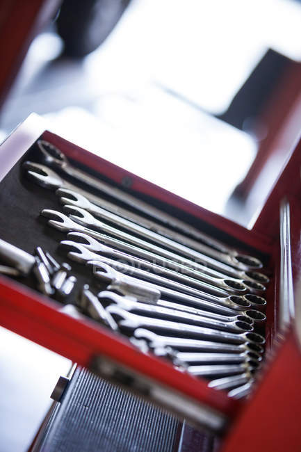 Set of work tools in toolbox at repair garage — Stock Photo