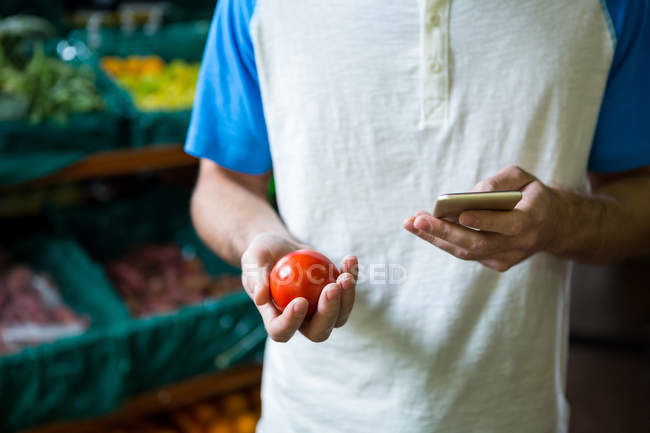 Обрезанный образ человека, держащего помидор и использующего смартфон во время покупок в супермаркете — стоковое фото