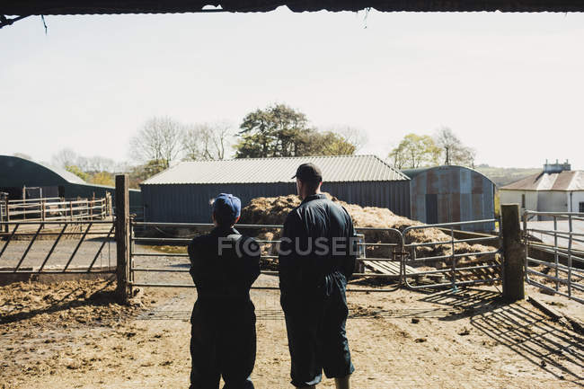 Rear view of farm workers standing on field against clear sky — Stock Photo