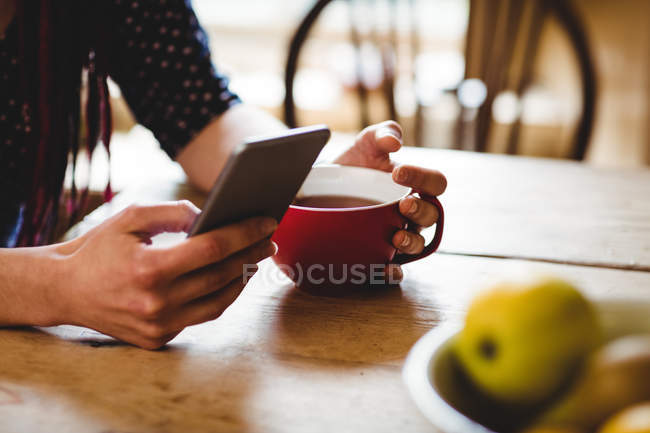 Cropped image of woman using smartphone at home — Stock Photo