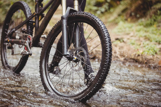 Low section of biker walking with bicycle in stream at forest — Stock Photo