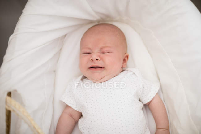 Newborn baby crying inside moses basket at home — Stock Photo