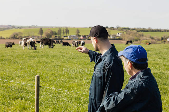 Vista lateral dos trabalhadores agrícolas em pé no campo gramado — Fotografia de Stock