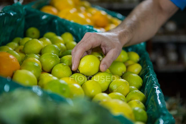 Immagine ritagliata di uomo che prende limone nel supermercato — Foto stock