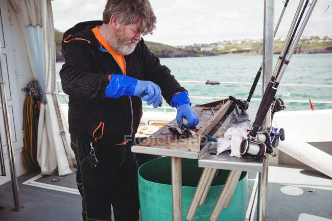 Pêcheur sénior filetage des poissons dans le bateau — Photo de stock