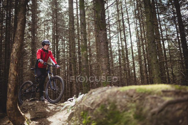 Гірський велосипедист з велосипедом серед дерев у лісі — стокове фото