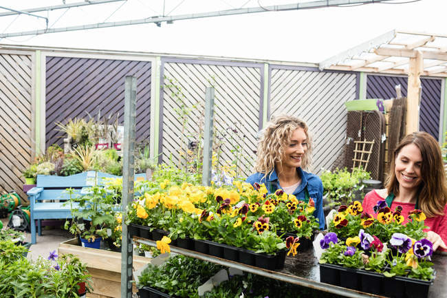 Dos floristas femeninas sonriendo mientras revisan las plantas en el centro del jardín - foto de stock