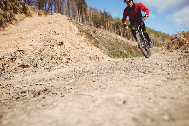 Низкий угол обзора езда велосипедиста по грунтовой дороге в горах — стоковое фото