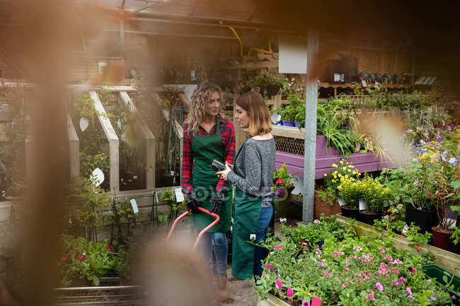 Dos floristas hablando entre ellas en el centro del jardín - foto de stock