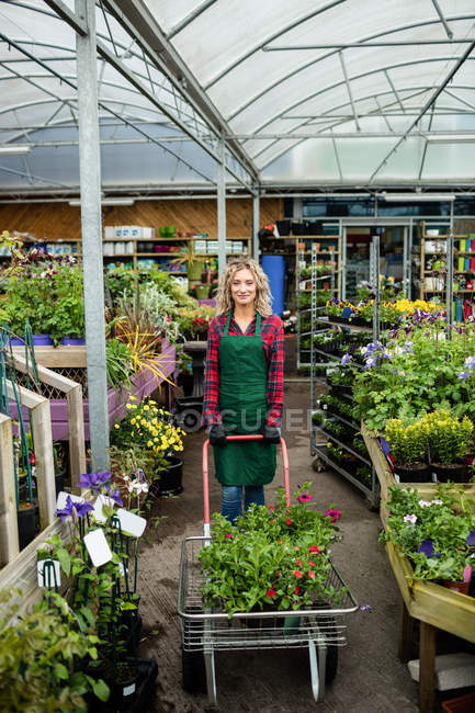 Portrait of female florist standing with garden trolley in garden centre — Stock Photo