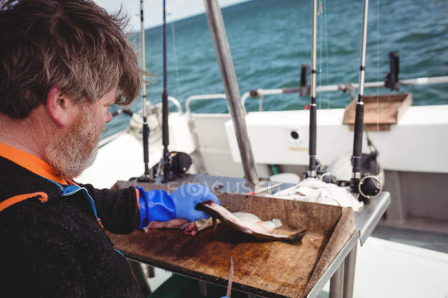 Senior Pescatore filettatura pesce in barca — Foto stock