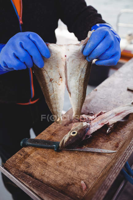 Abgeschnittenes Bild eines Fischers beim Filetieren von Fischen auf einem Boot — Stockfoto