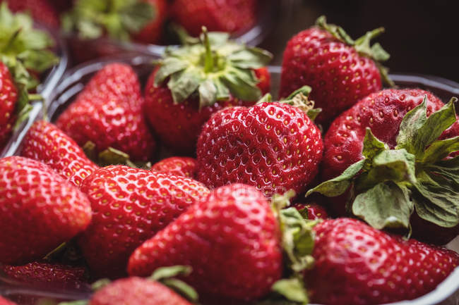Nahaufnahme von Erdbeeren in Plastikbox im Supermarkt — Stockfoto