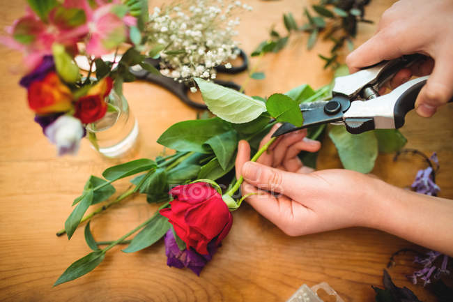 Imagem cortada de florista feminino aparando haste da flor em sua loja de flores — Fotografia de Stock