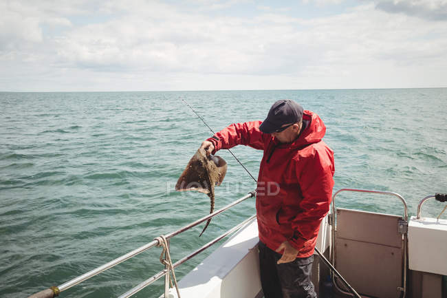 Pescador maduro captura de peces en el barco - foto de stock