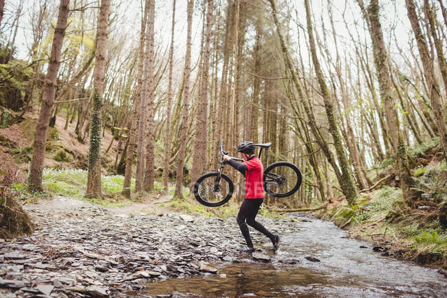Вид сбоку на велосипедиста, несущего велосипед в ручье по деревьям в лесу — стоковое фото