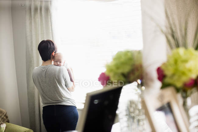 Вид сзади на мать, которая держит своего маленького ребенка и смотрит в окно дома — стоковое фото