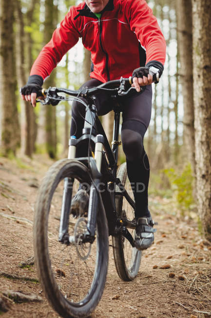 Front view of mountain biker riding on dirt road in forest — Stock Photo