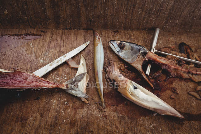 Fillet of fish on table in boat — Stock Photo