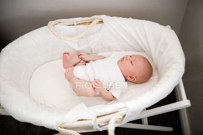 Bebê recém-nascido dormindo em cesta de musgos em casa — Fotografia de Stock