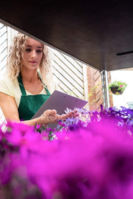 Жіночий флорист перевіряє квіти в садовому центрі — стокове фото