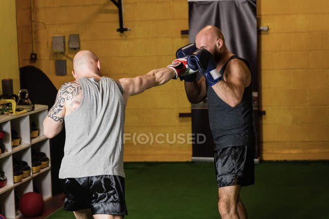 Side view of two male thai boxers practicing in gym — Stock Photo