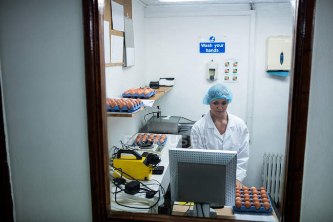 Жіночий співробітників, що працюють на реєстрації разом із комп'ютером у яйце заводу — стокове фото