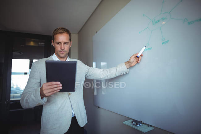 Бизнесмен смотрит на цифровой планшет во время записи на белой доске в офисе — стоковое фото