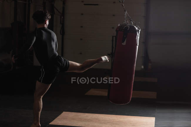 Back view of male Boxer practicing boxing with punching bag in fitness studio — Stock Photo