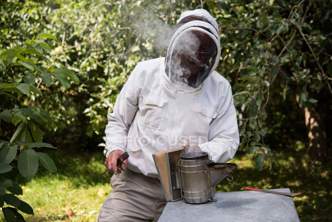 Apicultor fumando abelhas longe da colmeia no jardim apiário — Fotografia de Stock