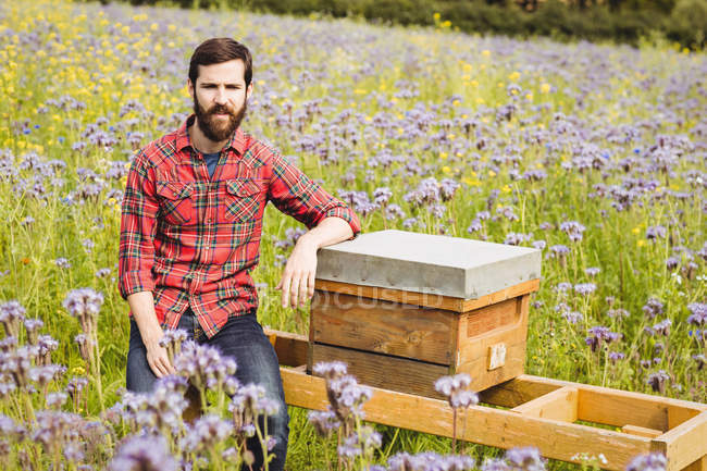 Portrait d'apiculteur assis sur une ruche dans un champ de fleurs — Photo de stock